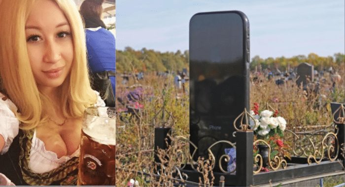 image IPhone Dead woman Rita Shameeva who was Addicted to her phone gets buried under iPhone shaped tombstone