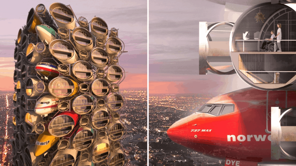 image Arquitectos diseñan el 737 Max Skyscraper un rascacielos que apila aviones Boeing para transformarlos en complejos residenciales 2