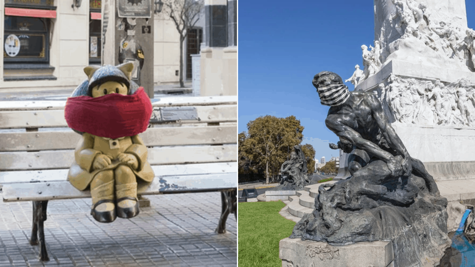 Buenos Aires Monumentos y estatuas amanecen cubiertas con tapabocas anticipando el anuncio de su uso obligatorio en la ciudad 1