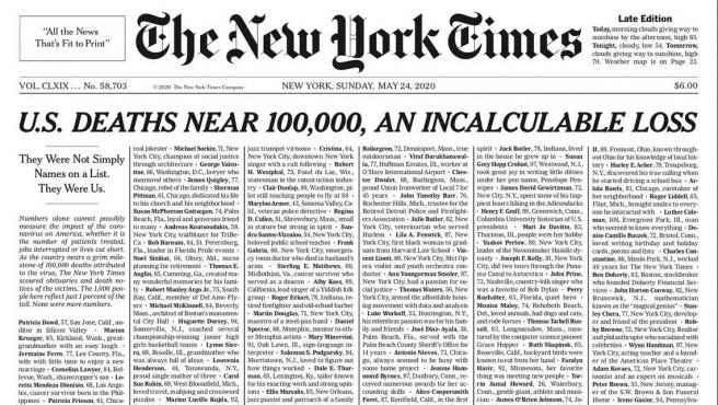 The New York Times lanza portada con los nombres de las casi 100.000 víctimas de Covid-19 en Estados Unidos 1