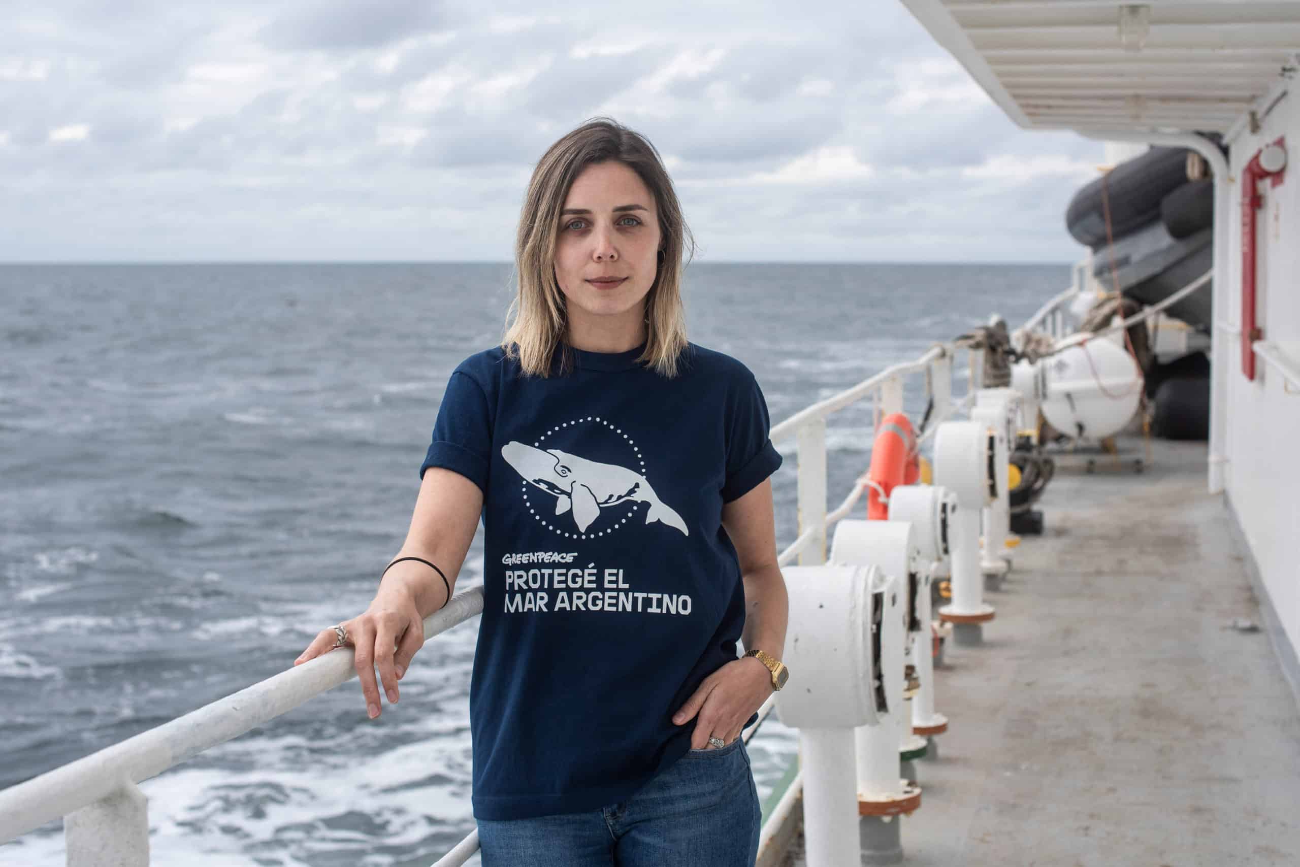 Luisina Vueso, Greenpeace Campaigner stands for a portrait on board of the Esperanza ship on November 10th, 2019. Atlantic Ocean, Argentina.