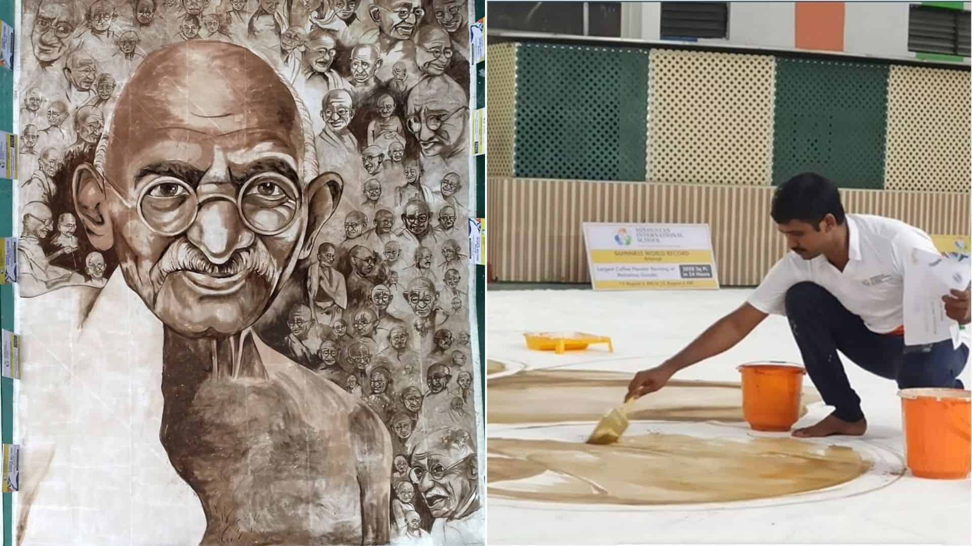 Artista de la India realiza un gigante retrato con 74 caras de Mahatma Gandhi con café para alcanzar récord mundial 1