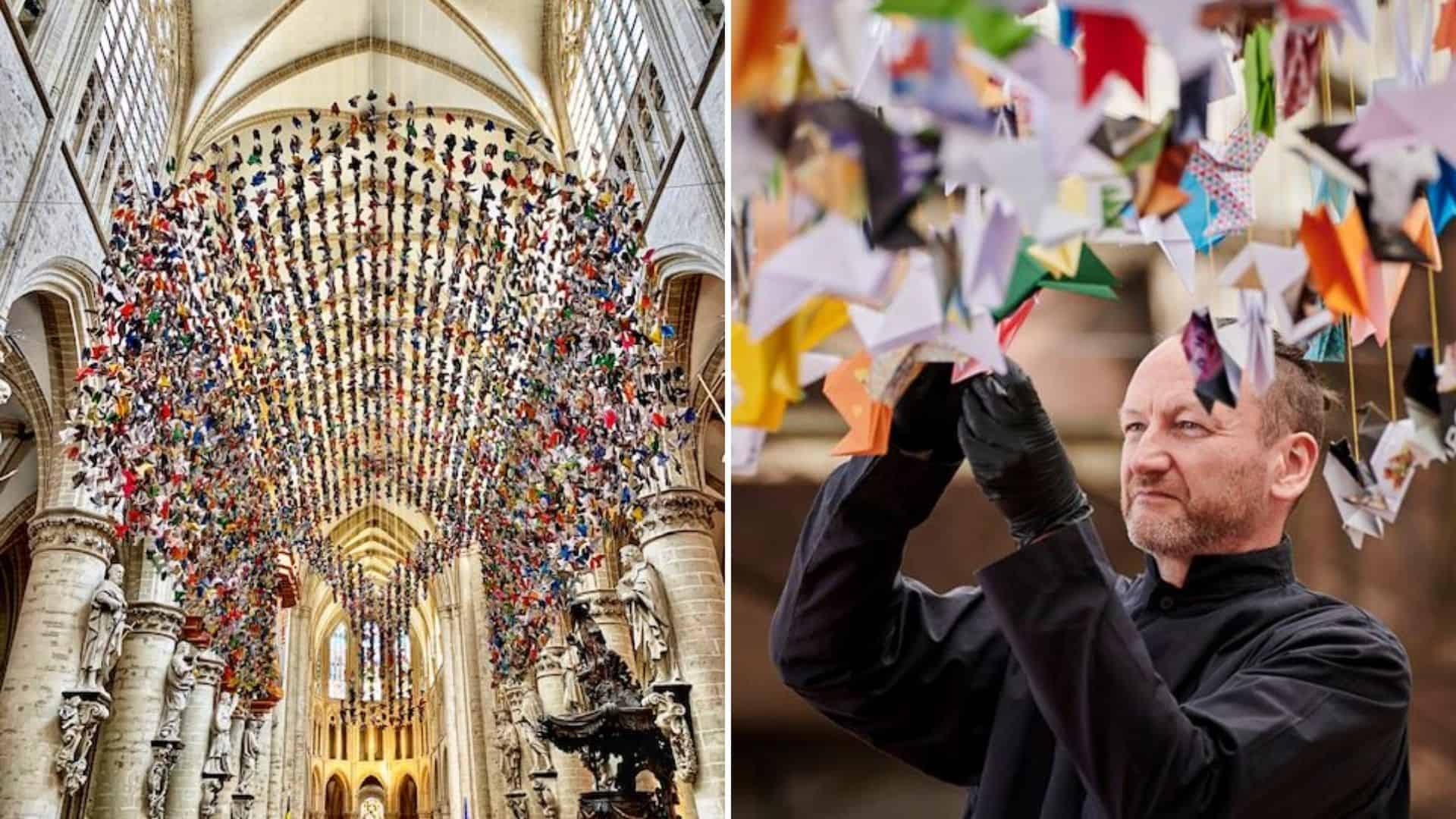 Colocan 20.000 aves de origami en una catedral de Bruselas para ayudar a recaudar fondos para un hospital con pacientes con COVID-19 1