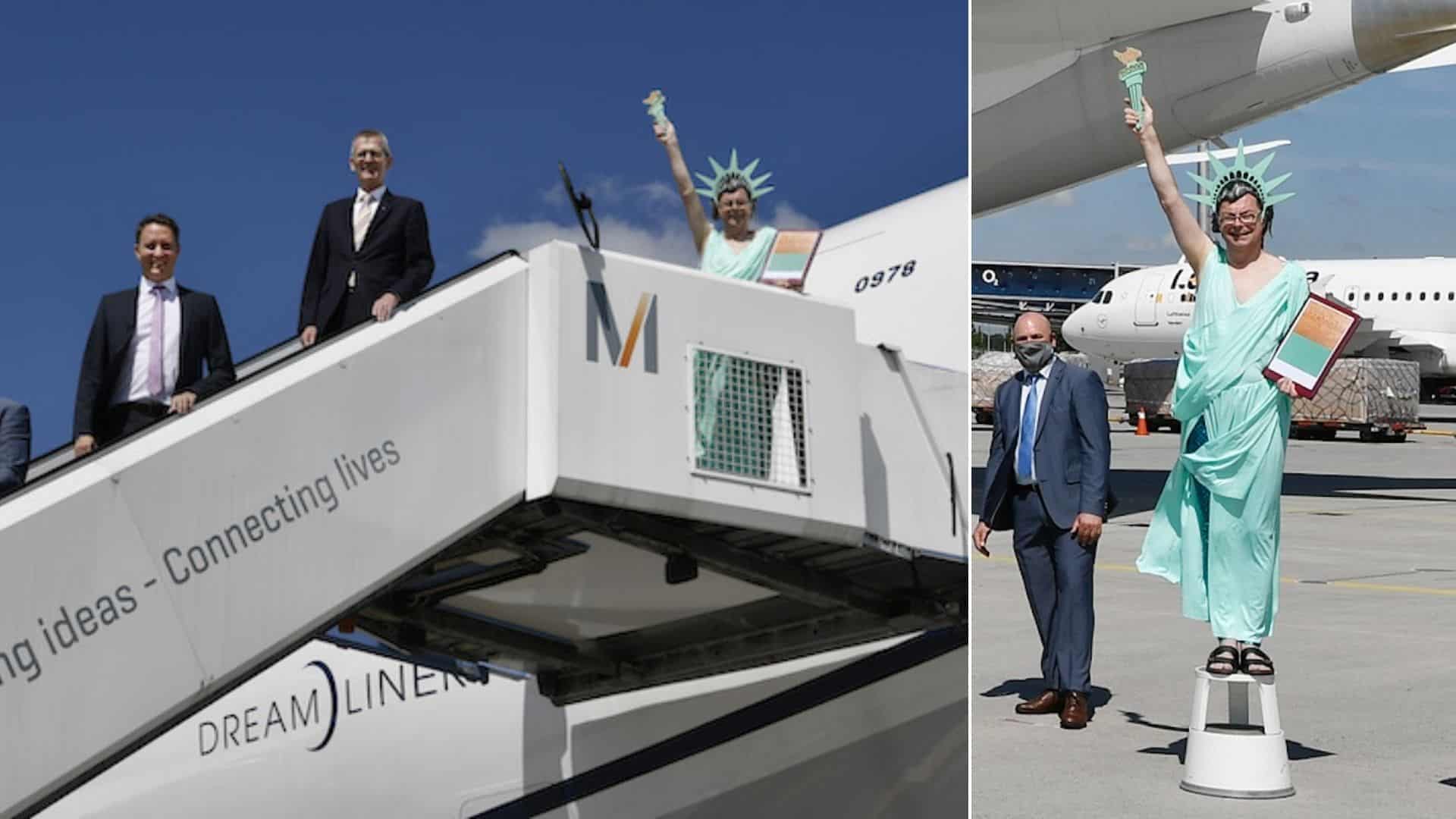 El Aeropuerto de Múnich invita a una Estatua de la Libertad humana para celebrar la reanudación de vuelos a New York de United Airlines 7