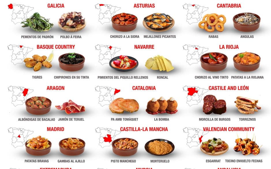 Este mapa muestra cuáles son las tapas españolas más populares según cada comunidad autónoma 2