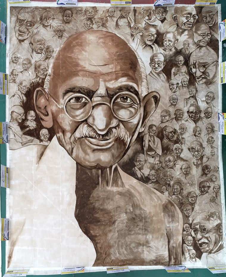 retrato con 74 caras de Mahatma Gandhi