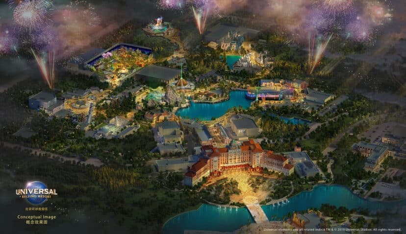 (191012) -- BEIJING, Oct. 12, 2019 (Xinhua) -- A conceptual image shows the Beijing theme park of Universal Beijing Resort. Universal Beijing Resort announced on Saturday that its Beijing theme park will have seven theme lands. The seven lands are Kung Fu Panda Land of Awesomeness, Transformers: Metrobase, Minion Land, The Wizarding World of Harry Potter, Jurassic World Isla Nublar, Hollywood and WaterWorld. Each land will contain a mix of attractions, shows, shops and restaurants, according to the resort. (Universal Beijing Resort/Handout via Xinhua)