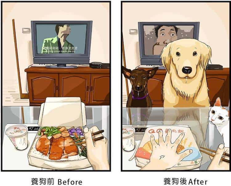 Estas ilustraciones creadas por un artista taiwanés revelan cómo es la vida antes y después de tener una mascota