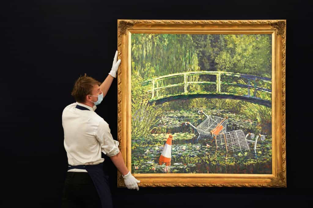 Show Me the Monet: el artista Banksy reimaginó una pintura de Monet con conos de tránsito y carros de supermercado