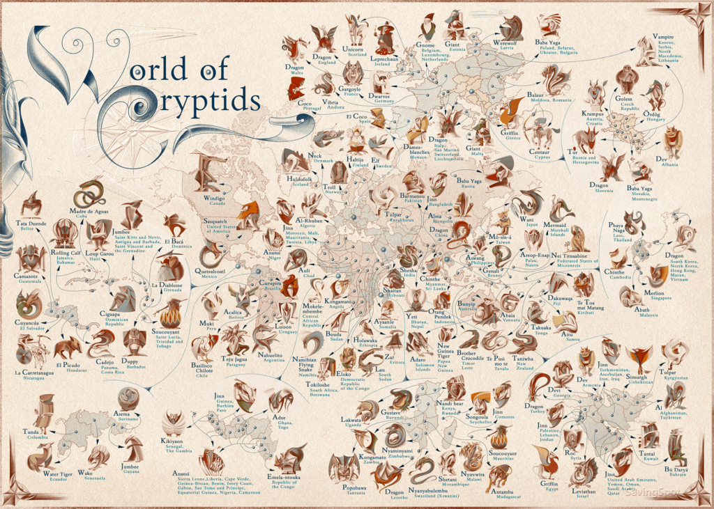 Este mapa muestra cuáles son las criaturas míticas más famosas de los distintos países del mundo 