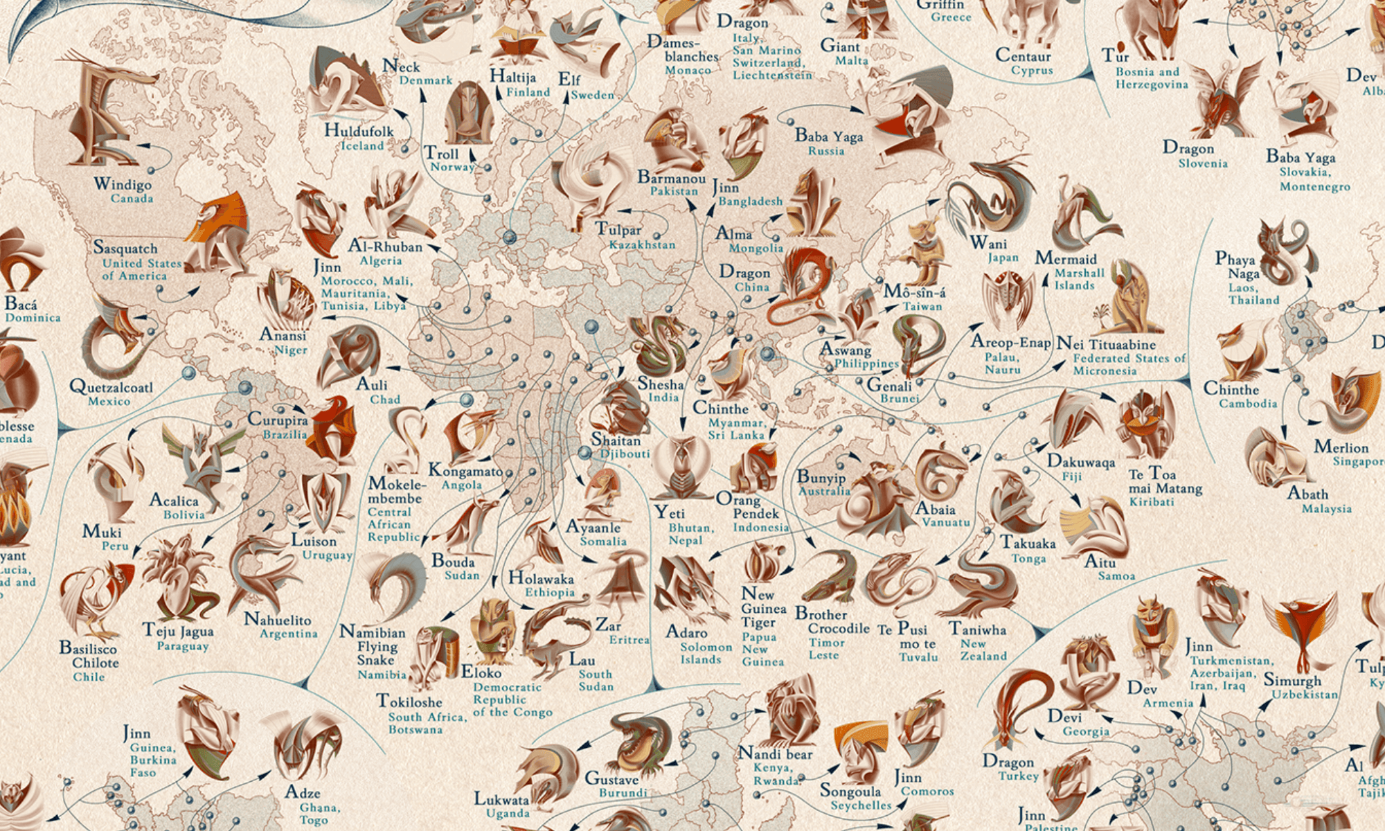 Este mapa muestra cuáles son las criaturas míticas más famosas de los distintos países del mundo1