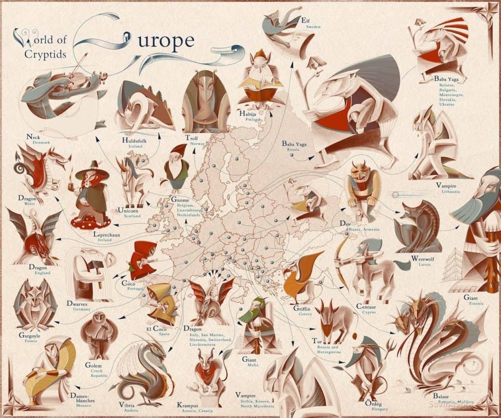 Este mapa muestra cuáles son las criaturas míticas más famosas de los distintos países del mundo 