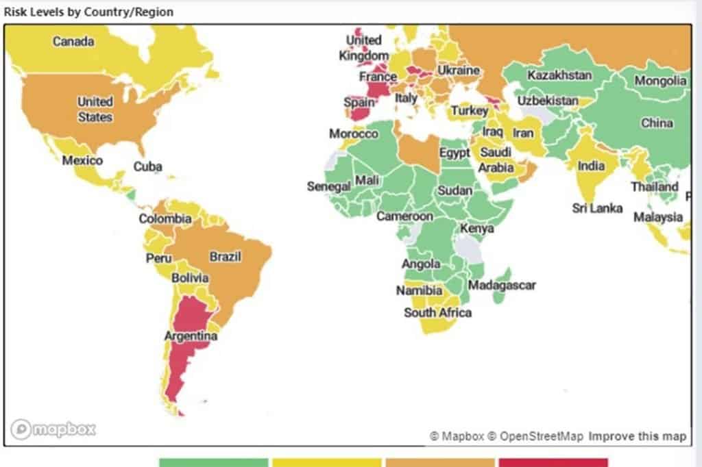 Según mapa de riesgo COVID-19 de Harvard, la Argentina es el único país en rojo del continente