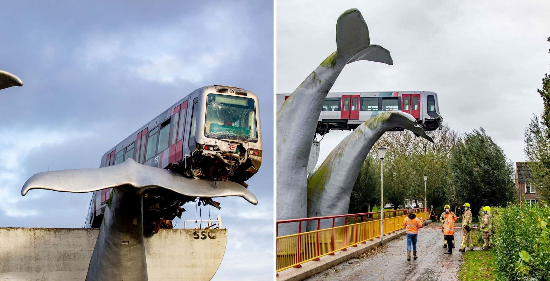 La escultura de una cola de ballena evitó la caída de un tren fuera de control en Róterdam