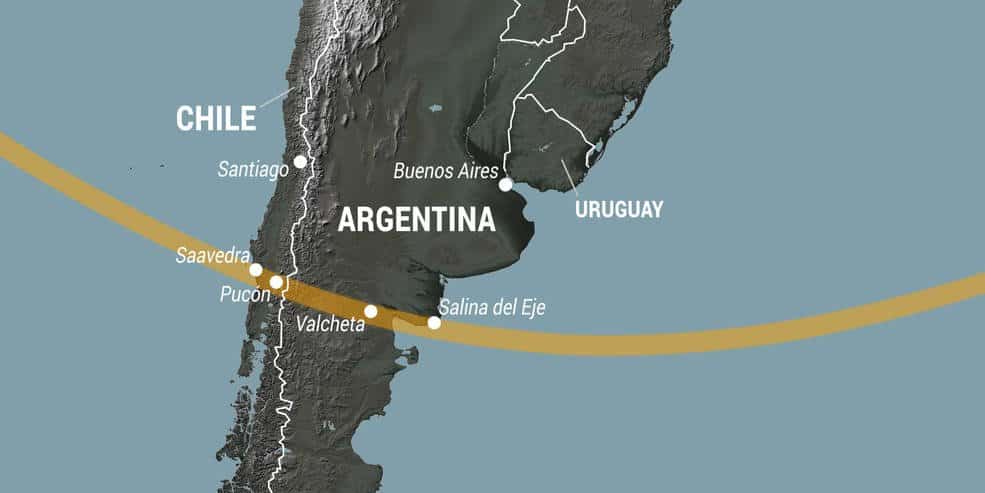 Mapa de la trayectoria de la totalidad del eclipse solar del 14 de diciembre de 2020 