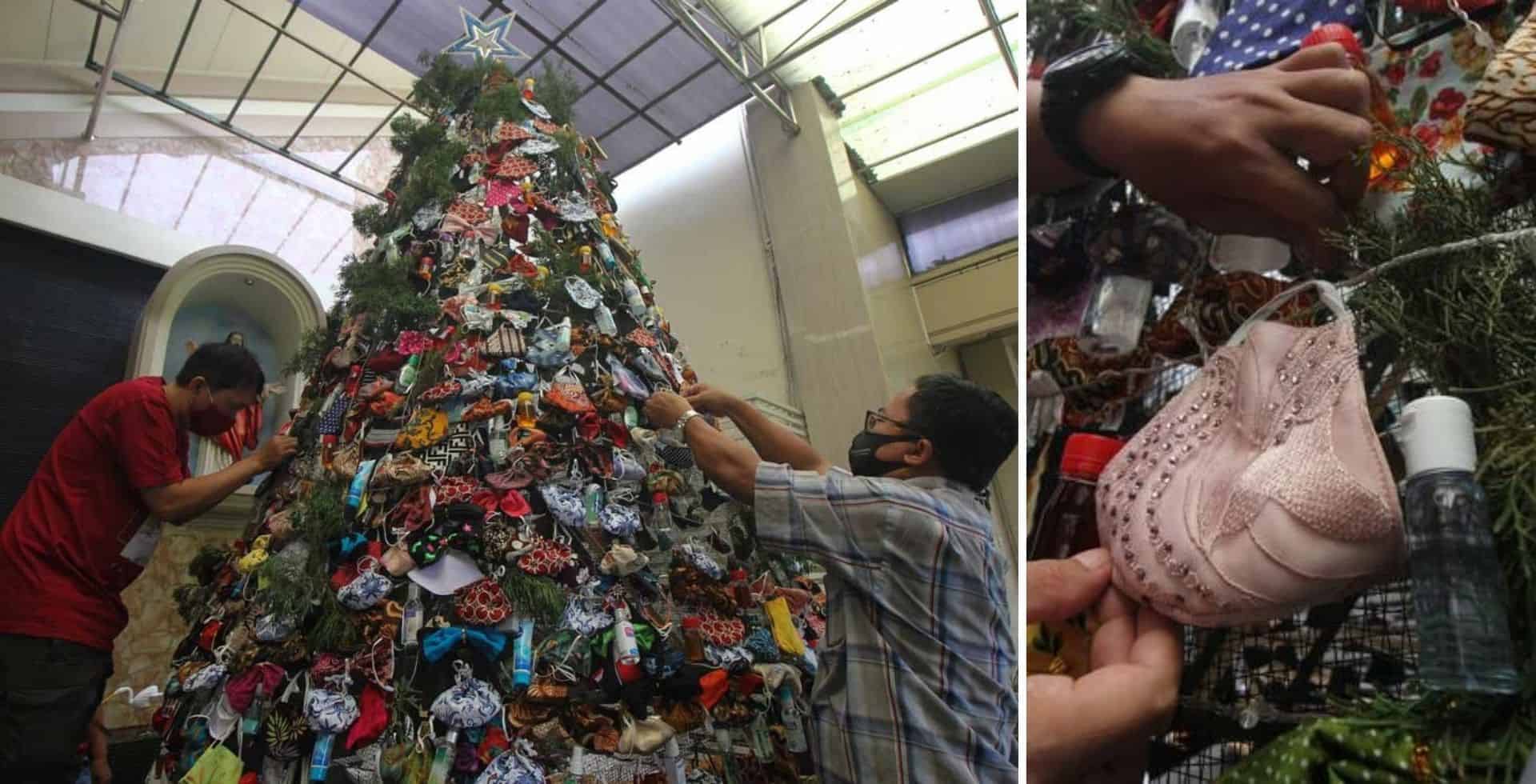 Una iglesia de Indonesia decoró su árbol de Navidad con mascarillas para generar conciencia sobre el COVID-19