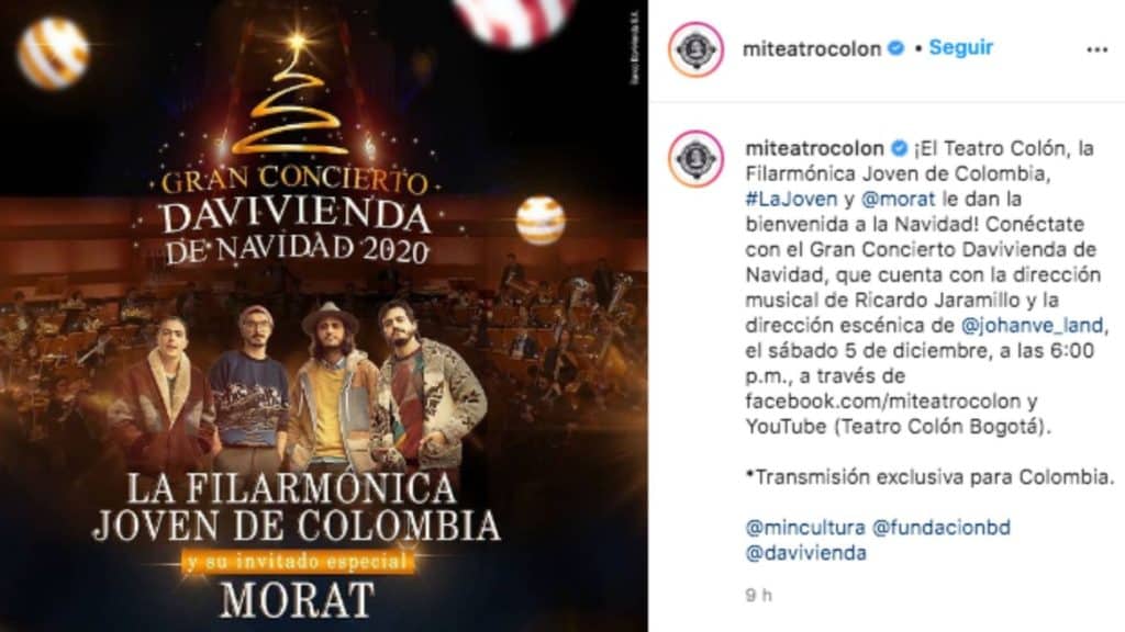 La Orquesta Filarmónica Joven de Colombia y la banda Morat ofrecerán un concierto virtual para dar comienzo a la Navidad