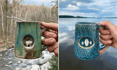 Esta artista crea tazas de cerámica colocando tiernas esculturas de animales miniatura dentro de escondites pequeños 1