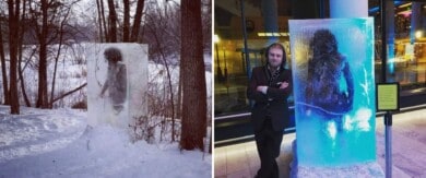 Una escultura de un cavernícola en un bloque de hielo apareció en Minneapolis, Estados Unidos