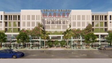 Exterior rendering of Delray Beach Market, one of America’s newest food hall experiences by Menin Development