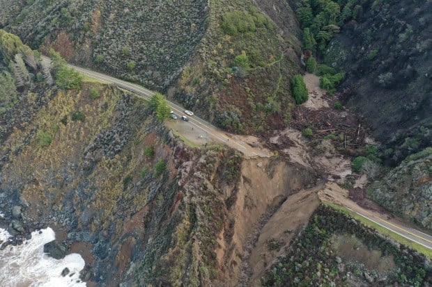 RAT CREEK, CA - January 29: Part of Highway 1 about 15 miles south of Big Sur remains closed after a landslide thrust the road into the Pacific Ocean near Rat Creek, Calif., on Friday, Jan. 29, 2020. (AIO Filmz)