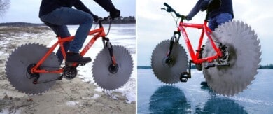 Un ingeniero construyó una bicicleta especial para poder andar sobre un lago congelado