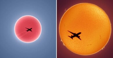 Un fotógrafo logró capturar el momento exacto en el que la silueta de una avión se vio pasar frente al sol