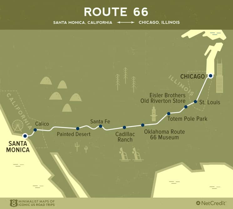 Estos son los 8 road trips que deberías hacer en Estados Unidos, diseñados en mapas atractivos y minimalistas