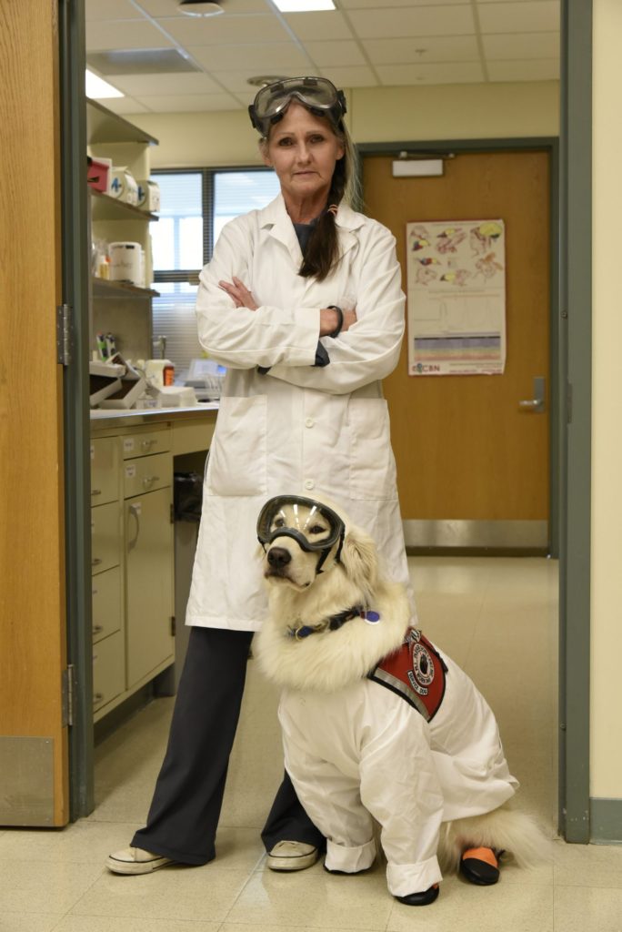 Este perro de servicio aprendió a usar el equipo de protección personal para poder ayudar a su dueña en el laboratorio