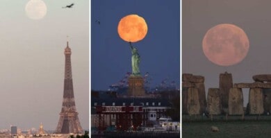 [IMÁGENES] Así se vio la superluna rosa en diferentes partes del mundo y en Nueva York, creando una aureola alrededor de la Estatua de la Libertad