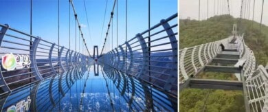 China: un turista quedó atascado en un puente de vidrio a 100 metros de altura luego de que un vendaval volara sus paneles