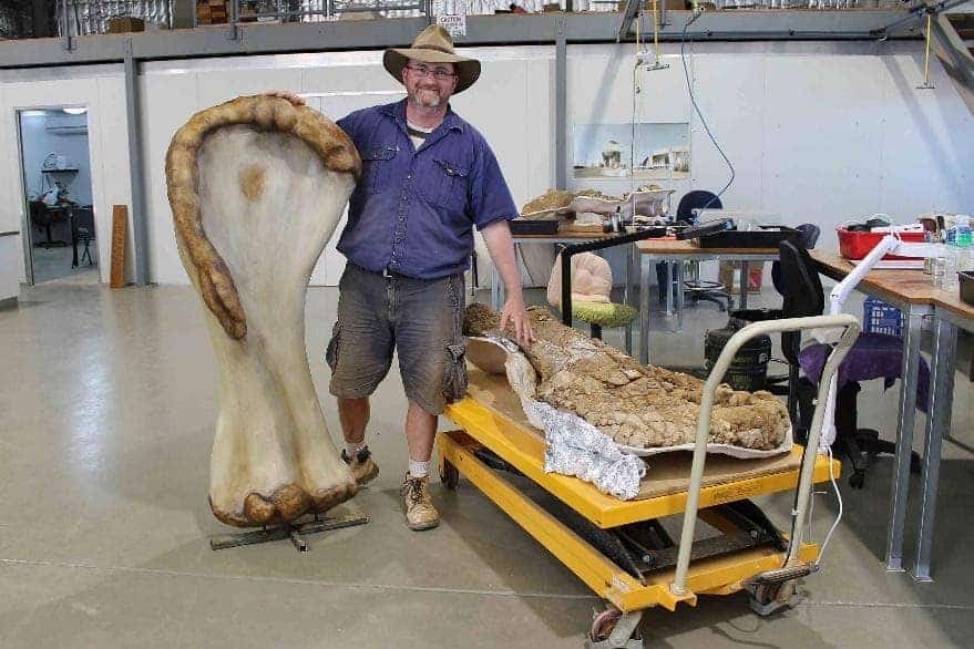 Paleontólogo con hueso del dinosaurio más grande de Australia