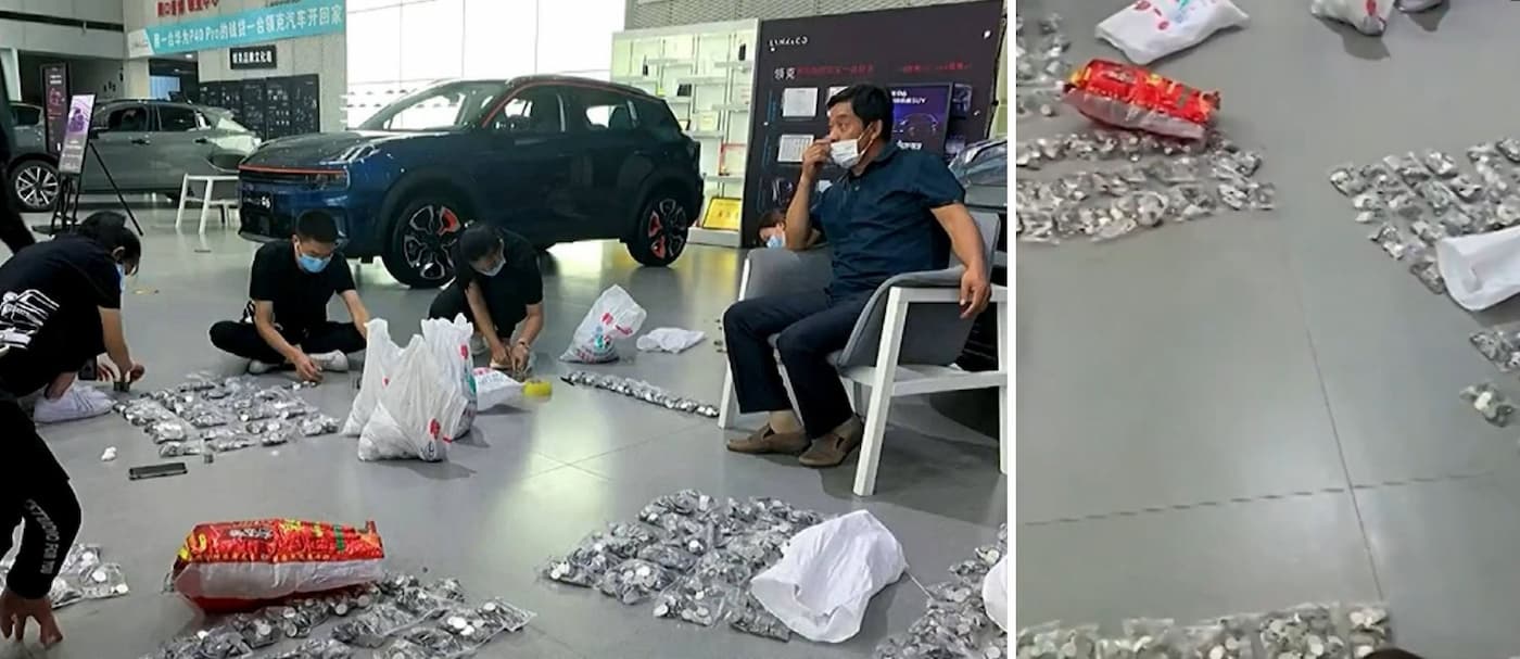 China: un hombre compró un auto con monedas y los empleados pasaron más de 3 horas contándolas