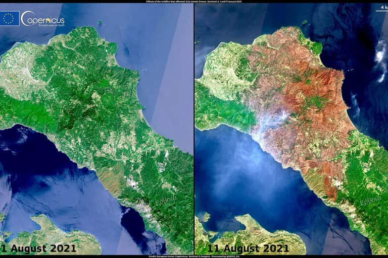 Imagen comparativa que muestra el daño de los incendios forestales en Grecia entre el 1 de Agosto y el 11 de Agosto 2021