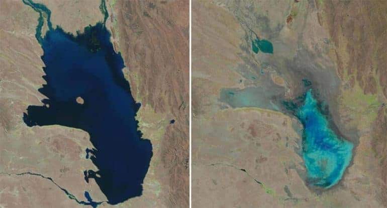 Imágenes satelitales del lago en 2013 y 2016