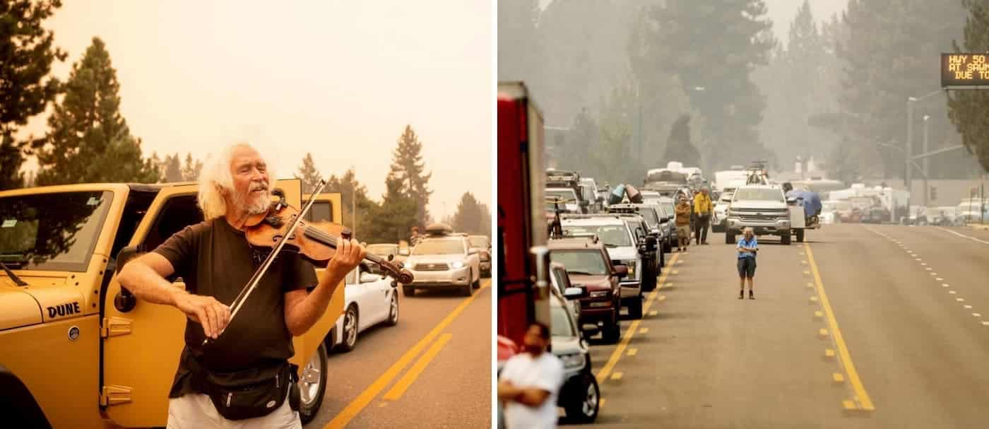 Un violinista se puso a tocar para las personas atascadas en el tráfico mientras evacuaban por los incendios