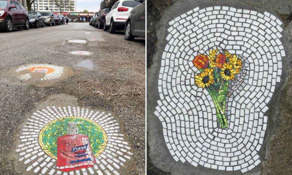 Artista urbano rellena huecos en pavimento, aceras y paredes de su ciudad con divertidos mosaicos-10