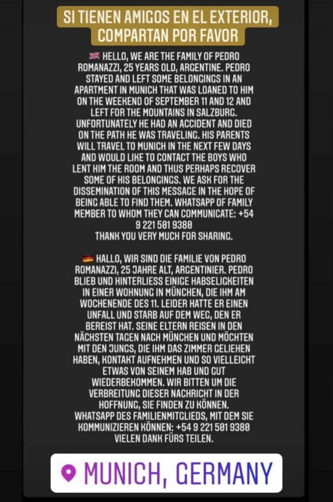 Pedro Romanazzi Murió en un accidente viajando por Múnich y su familia busca desesperada a los compañeros de habitación para recuperar sus pertenencias image Pedro Romanazzi WhatsApp Image 2021 09 30 at 11.18.55 AM