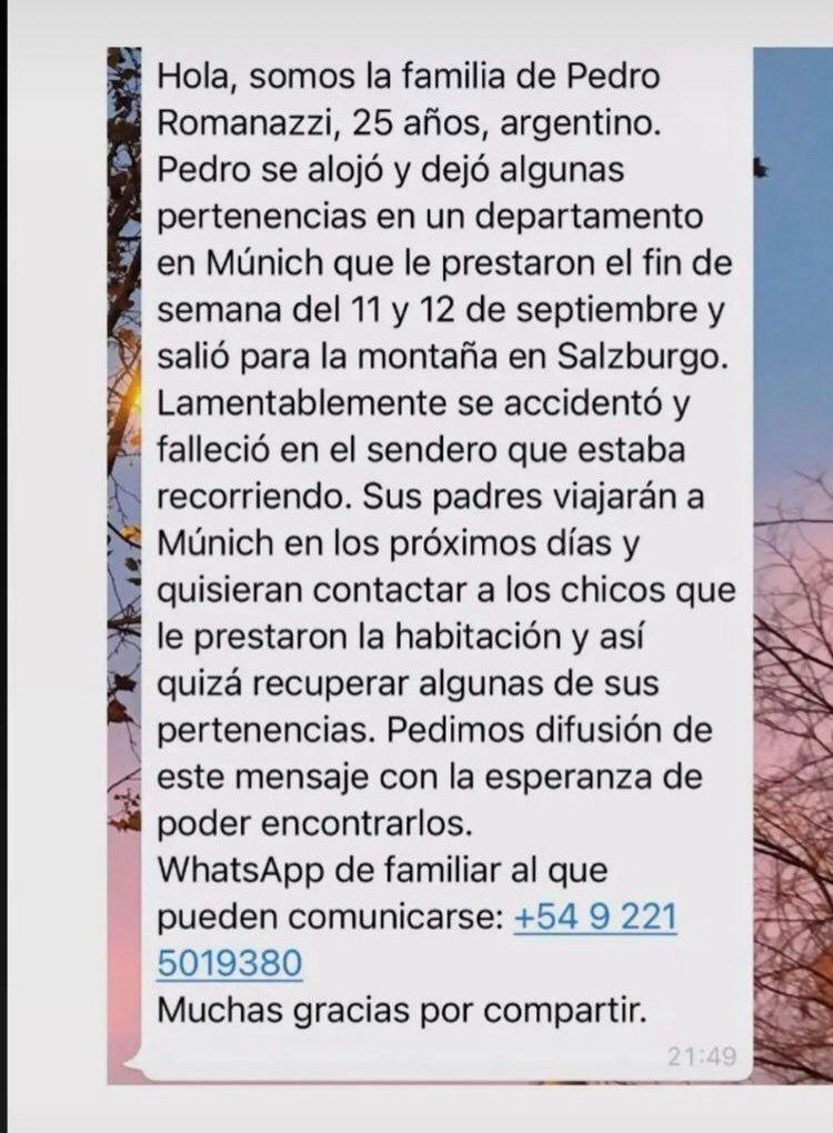 Pedro Romanazzi Murió en un accidente viajando por Múnich y su familia busca desesperada a los compañeros de habitación para recuperar sus pertenencias image Pedro Romanazzi WhatsApp Image 2021 09 30 at 11.18.56 AM