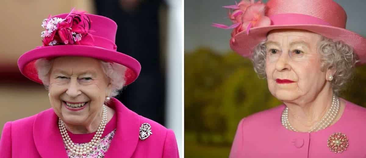 La figura de cera de la reina de Inglaterra llama la atención por el look bajo su sombrero