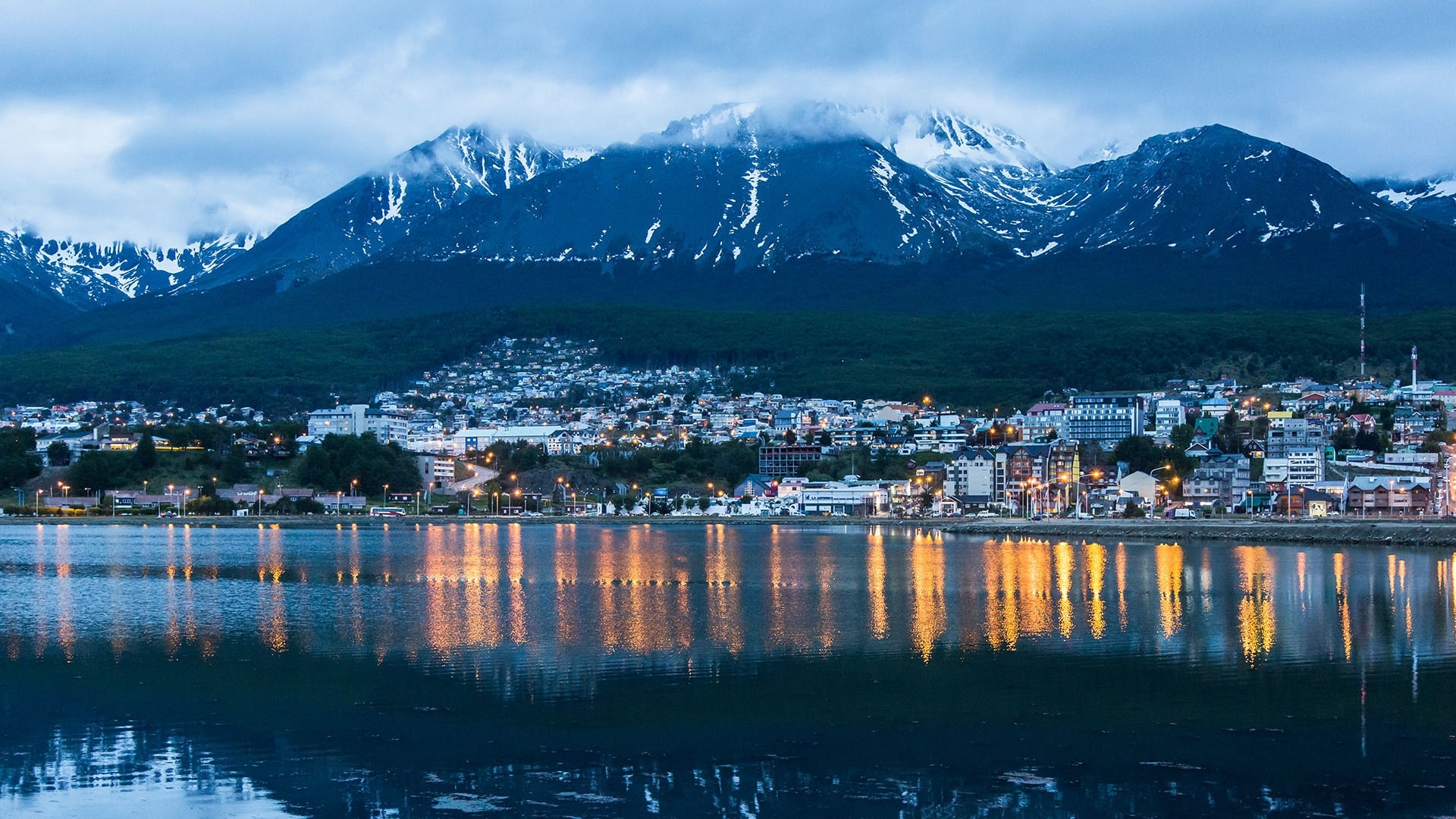 An after sunset city view of Ushuaia, Argentina, the city of the 'End of the World"