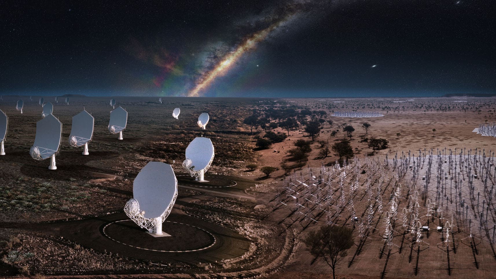 Composite image of the SKA telescopes, blending real hardware already on site with artist's impressions. 
From left: artist's impression of the future SKA dishes blend into the existing precursor MeerKAT telescope dishes in South Africa. 
From right: artist's impression of the future SKA-Low stations blends into the existing AAVS2.0 prototype station in Western Australia.