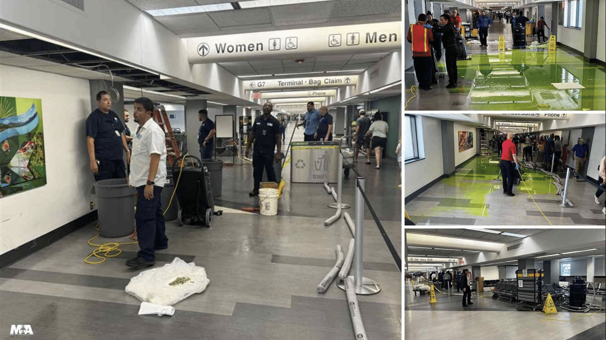 Extraño líquido verde cae del techo y empapa las terminales de un aeropuerto