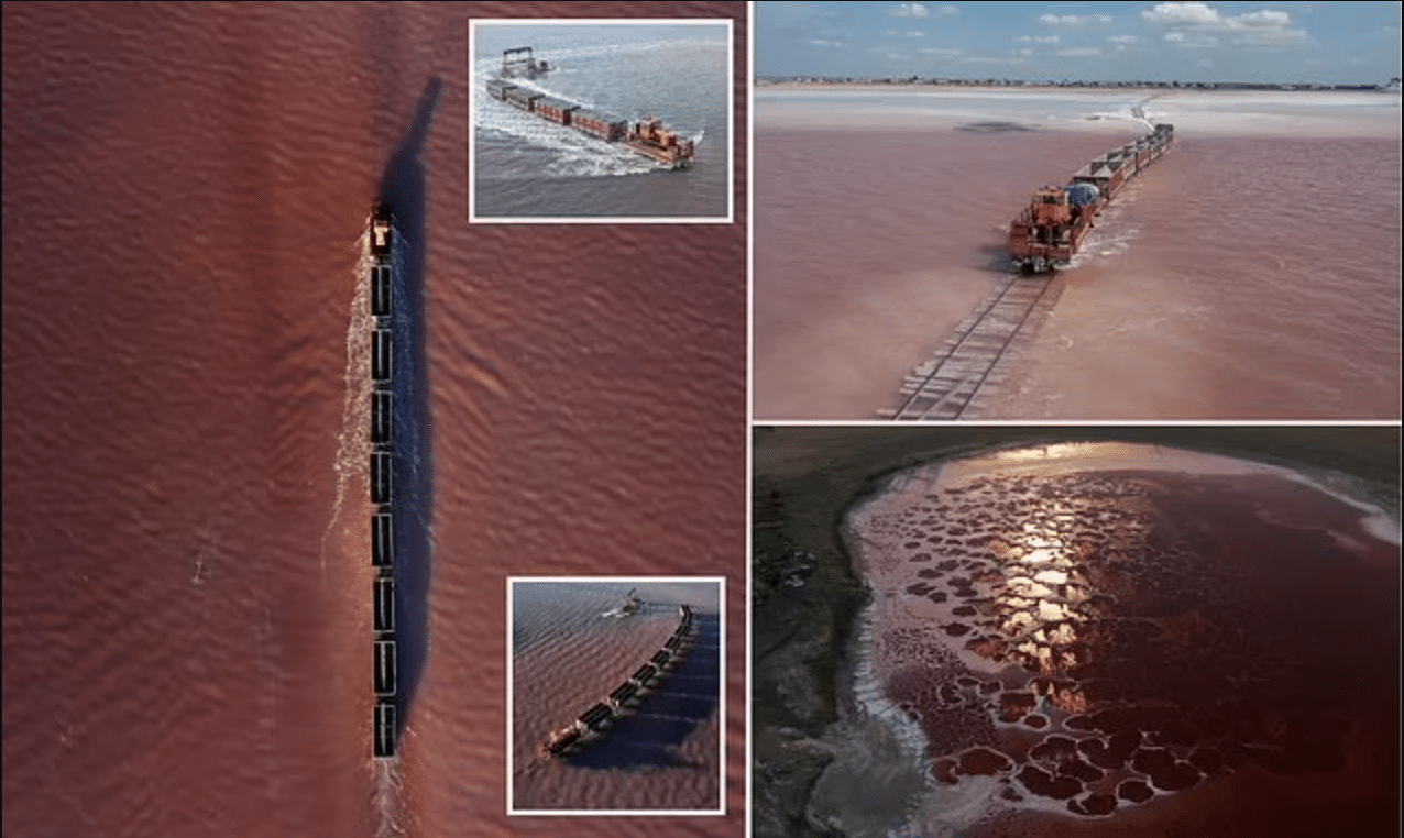 Impresionantes imágenes muestran un tren de carga viajando a través de un lago en Siberia