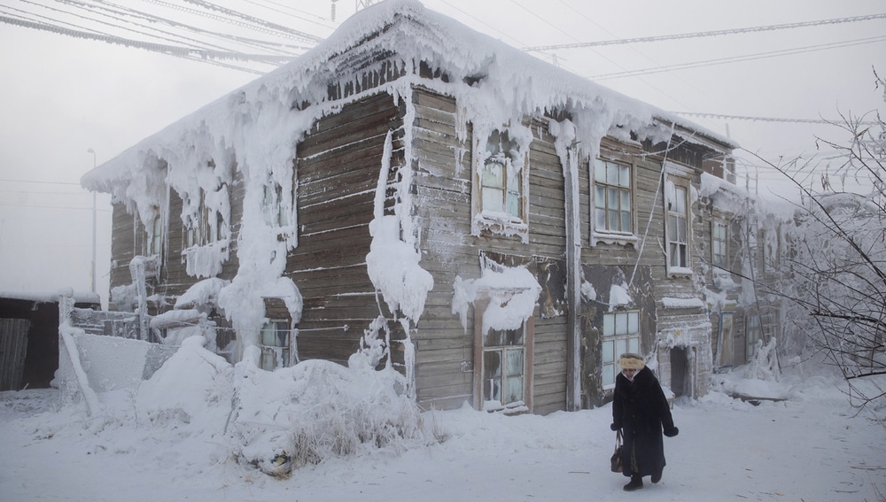 Frost-encrusted house in the city centre.