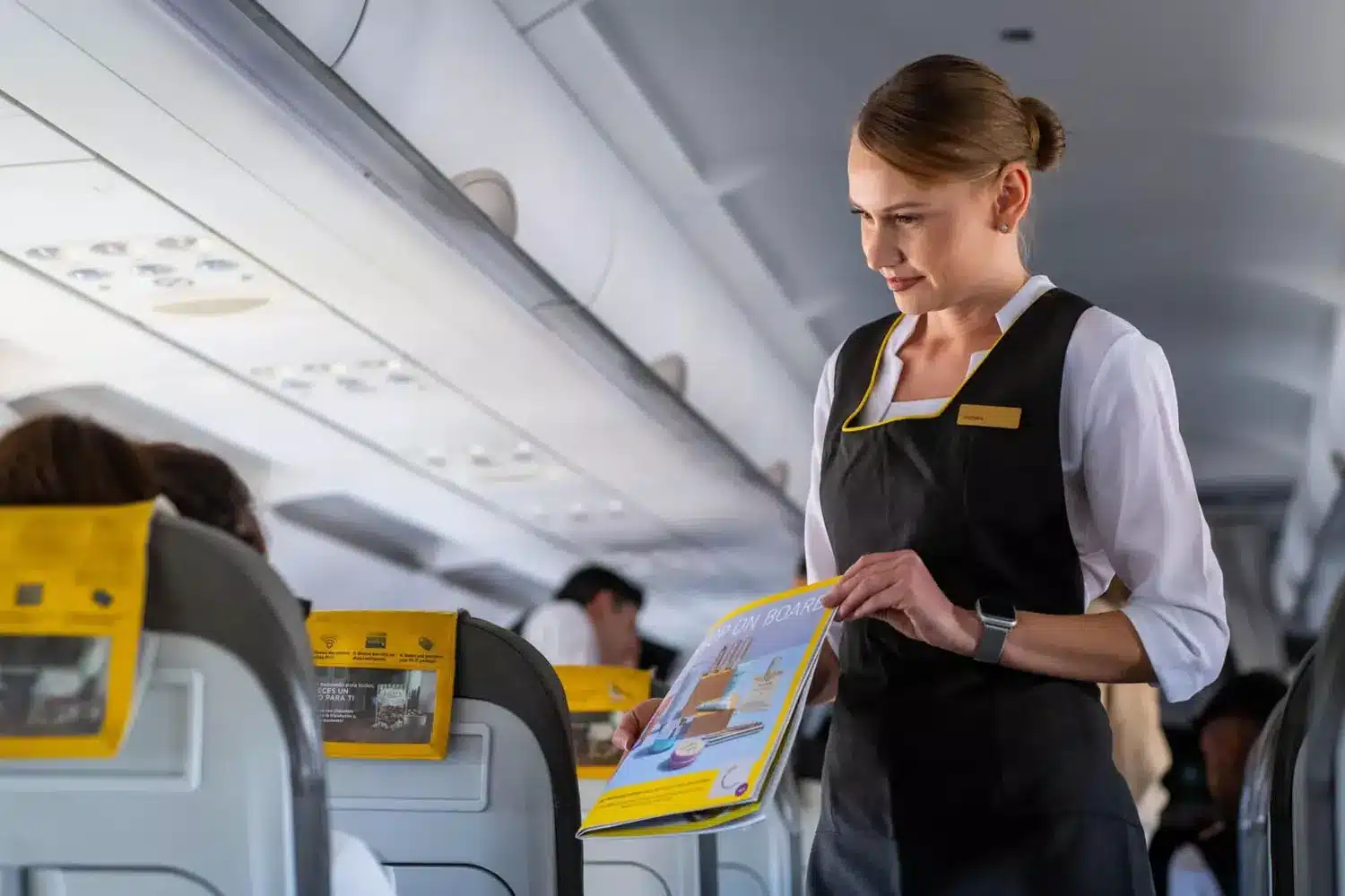 una-azafata-de-vueling-muestra-las-novedades-del-menu-a-un-pasajero