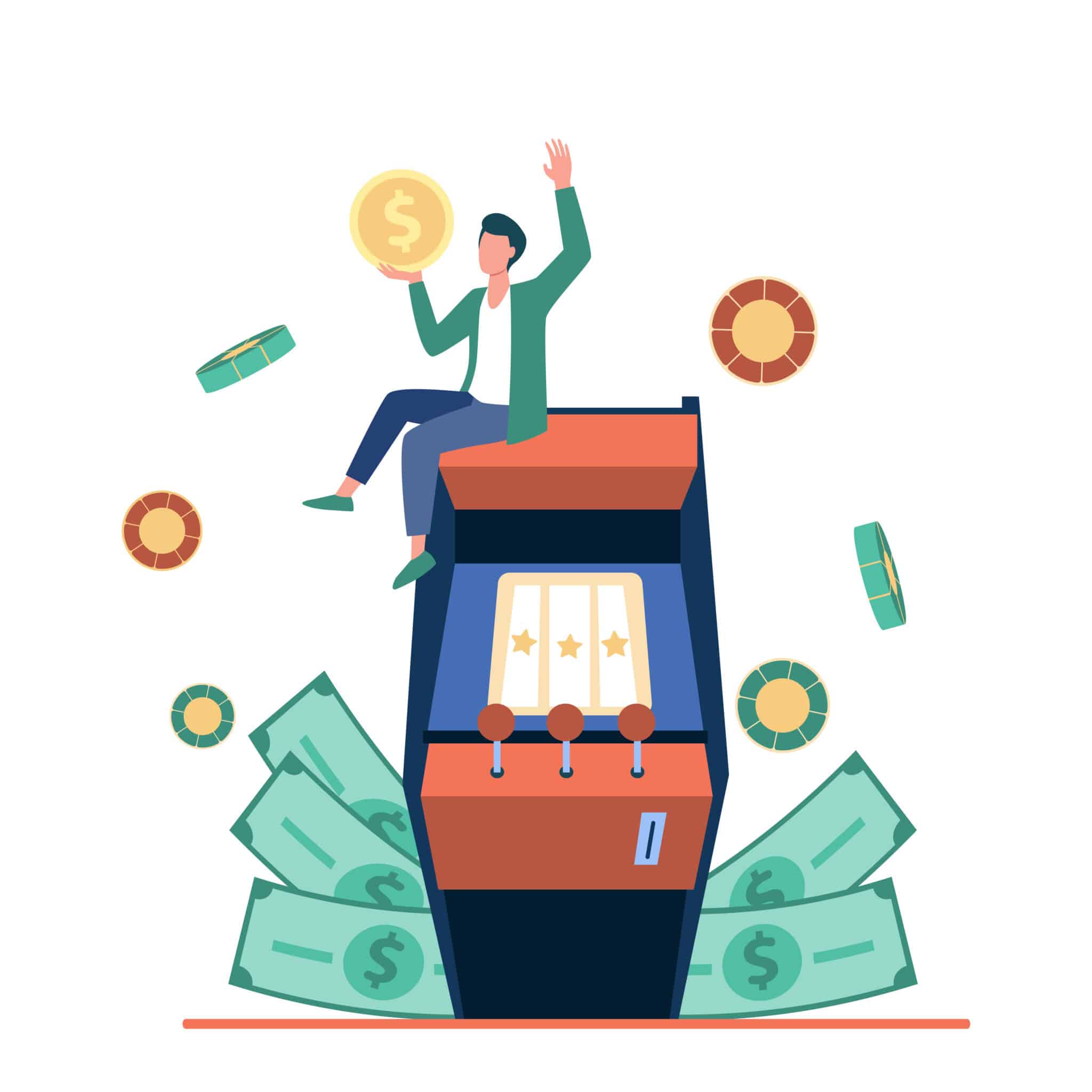 Excited tiny man enjoying victory in slot machine illustration. Fortune or gambling concept can be used for presentations, banner, website design, landing web page