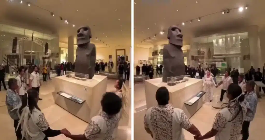 image delegacion de rapa nui realizan solemne acto frente a moai en museo britanico en londres 1