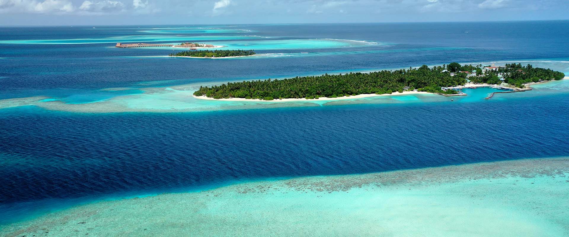 Bird’s eye view of tropical islands in the ocean. View of the is default