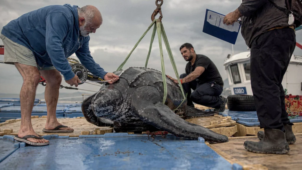Rescatan a una tortuga laúd de 400 kilos que pasó toda la noche atrapada en una red de pesca image rescate tortuga ceuta 1